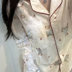 Set835- Set pijama mặc nhà lụa tuyết phối ren in gấu