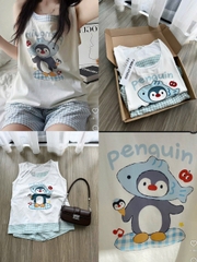 Set890- Bộ thun cotton mặc nhà sát nách phối quần short kẻ xanh