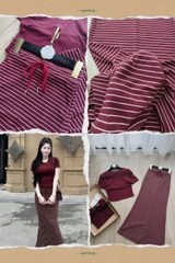 Set710- Set áo zip đỏ  mix CV đuôi cá kẻ ngang