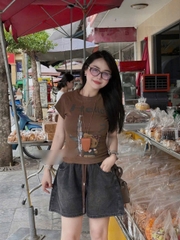 Set688- Set áo thun nâu hello mix quần short jeans