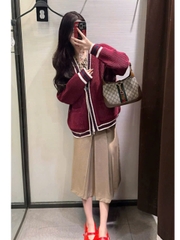 A387- Áo len cadigan đỏ viền đen hàng nhà máy full tem