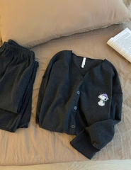 Set1080- Set zip lông mềm màu ghi đậm in CÚN MŨ TÍM