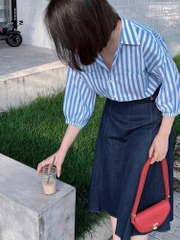 SET345-Set đồ nữ áo kẻ xanh và chân váy jean