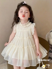 DAMGAI06-Đầm bé gái màu be 2 lớp xếp tầng xòe chất tơ