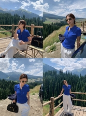 A599-Áo len polo dệt kim cộc tay màu xanh dương mẫu mới