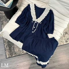 SET490-Bộ cộc  đũi tằm màu than viền ren cạp chun