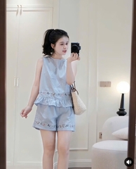 SET1021-Set áo sát nách xanh thêu phối quần short