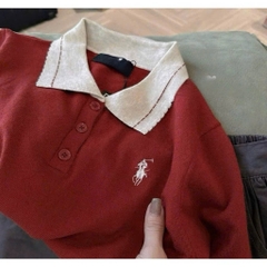 A434- Áo len đỏ thẻu viền be hàng Quảng Châu