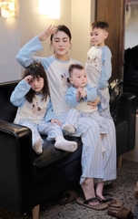 SET772- Bộ mặc nhà gia đình  áo thun quần kẻ suông xanh nhạt