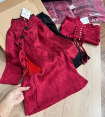 SETKID059- Set áo dài trai/gái đỏ quần lụa đen