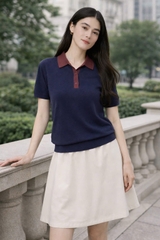A514-Áo len cộc tay dệt kim 2 màu đen và xanh than