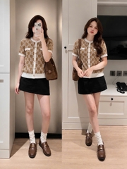 a661-Áo len dệt kim cộc tay nâu viền trắng cúc đồng