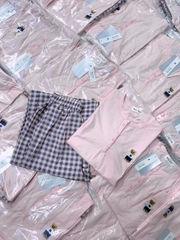 Set756- Bộ mặc nhà áo thun hồng dài tay phối quần suông kẻ