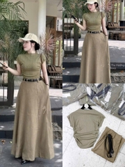 Set730- Set áo tăm nâu mix CV xoè dài tặng kèm