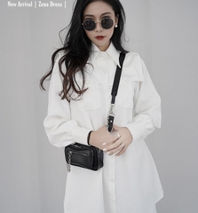 Áo sơ mi trắng dáng suông cúc ngọc vạt bầu