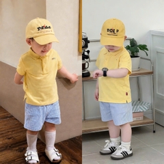 [KEM MU] BT976- Bộ polo vàng thêu logo kèm mũ quần kẻ xanh