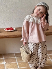 BT609-Bộ dài tay bé gái áo cổ ren phối quần dài bo gấu