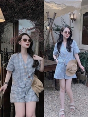 Set968- Set kẻ caro xanh quần short áo cộc