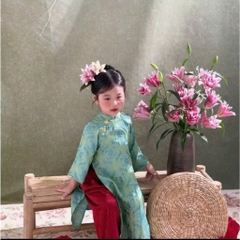 Bt809- Bộ áo dài bé gái màu xanh NHƯ Ý  cúc chéo
