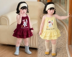 BT977- Combo 2 đầm dây vàng chất cotton in hình