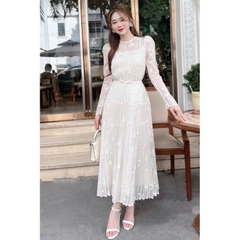 set353- Set áo tơ hoa thêu nổi phối chân váy dập ly dáng dài sang chảnh