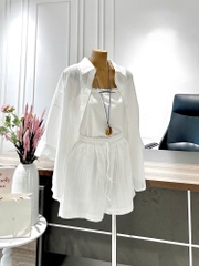 SET994-Set đũi trắng 3 món: áo sơ mi, áo 2 dây kèm quần short đũi 2 lớp