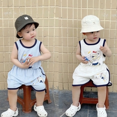 Cb357- Combo 2 bộ balo viền chất cotton in vợt trắng xanh