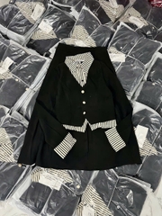 SET388-Set phối kẻ đen dáng xoè cúc ngọc chất trượt Thái