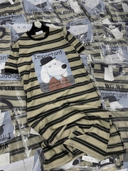 Dam164- Đầm suông cotton màu xanh rêu kẻ ngang in Cún