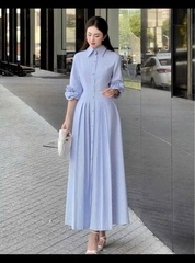 Dam183- Váy kẻ xanh dáng dài đính hoa nổi