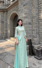 SET753- Bộ áo dài truyền thống gấm lụa xanh đỏ cúc tàu