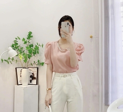 Áo sơ mi tơ viền ngọc tay bồng 3 màu