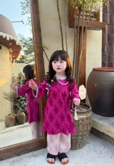 Bt768- Bộ áo dài bé gái cách tân đính khuy tàu 2 màu TẶNG  kèm vòng