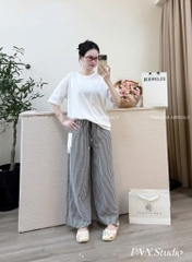 SeT977- Set áo thun trắng suông phối quần kẻ hàng Quảng Châu