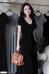 Dam194-Đầm xòe dáng dài cổ tim 2 màu đen-XÁM chất ZIP