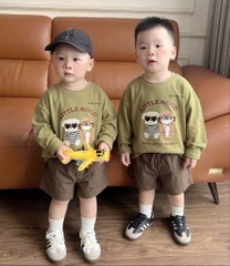 SET1033- Bộ mặc nhà mẹ con áo thun dài tay xanh rêu phối quần nâu