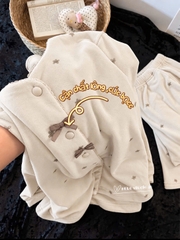 Set1081- Set pijama díp lông mềm màu be đính nơ
