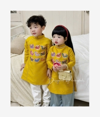 A175-Áo dài trẻ em cặp đôi trai gái 2 MÀU XANH,VÀNG chất gấm cao cấp hoạ tiết thêu