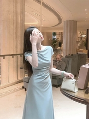 Dam178- Váy lụa dài sát nách xếp ly eo 2 màu xanh be