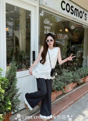 SET953-Set áo ren be mix quần suông bi đen chân ren