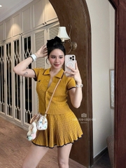 SET720-Set áo len cộc thêu phối chân váy xoè thể thao 2 màu vàng trắng