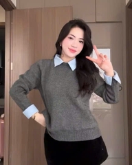 A340-Aó len xám phối cổ sơ mi hàng Quảng Châu