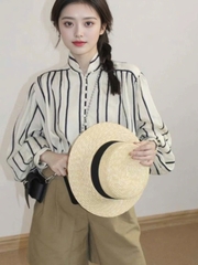 A146-Áo somi nữ cổ tay kẻ đen tay bồng đính cúc ngọc