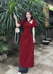 SET ÁO DÀI NHUNG CHUN CHÉO MIX QUẦN LỤA ĐEN