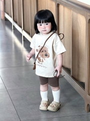 BT868-Bộ thun nâu cộc tay phối quần legging cộc cho bé gái 9-24kg