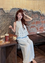SET1013- Set áo đũi sát nách ren tỉa phối quần dài suông xanh