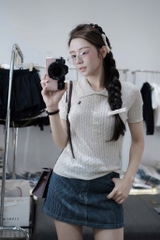 A377-Áo len cộc tay Quảng Châu cổ bẻ thêu ngực 5 màu trơn