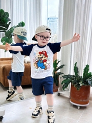 BT525- Bộ ao cotton trắng phối Mario mix quần cua tăm bé trai