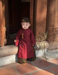 Bt825- Bộ áo dài đũi đỏ xước- nâu  bé trai kèm vấn đầu