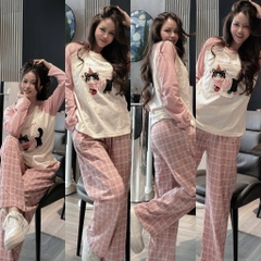 Set806- Bộ cotton hồng in ngựa quần thô  kẻ phối tay